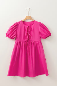 Thumbnail for Bright Pink Solid Color Puff Sleeve Tie Front High Waist Mini Dress