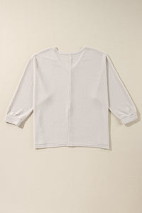 Thumbnail for White Waffle Knit Side Slits Loose Fit V Neck Top