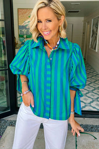 Thumbnail for Blue Stripe Tie Puff Sleeve Womens Button Down Shirt