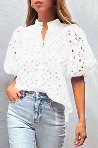 Thumbnail for White Flower Embroidered Hollow-out Puff Sleeve Blouse