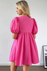 Thumbnail for Bright Pink Solid Color Puff Sleeve Tie Front High Waist Mini Dress
