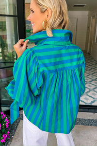 Thumbnail for Blue Stripe Tie Puff Sleeve Womens Button Down Shirt