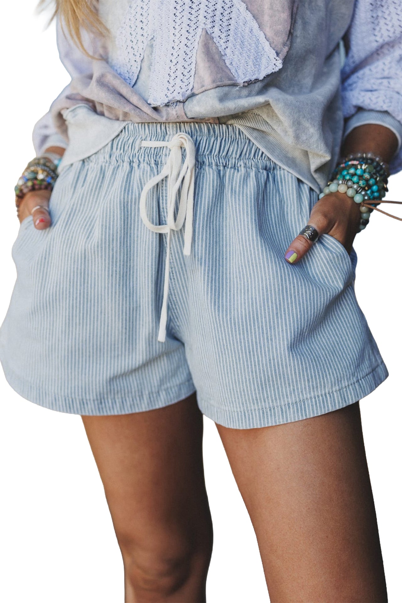 Sky Stripe Denim Shorts - Light Blue