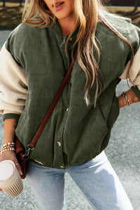 Thumbnail for Mist Green Corduroy Fleece Patchwork Buttoned Bomber Jacket