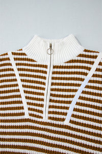 Thumbnail for Khaki Stripe Zip up Collar Drop Shoulder Sweater