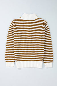 Thumbnail for Khaki Stripe Zip up Collar Drop Shoulder Sweater