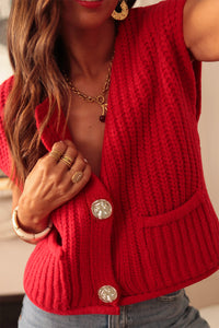 Thumbnail for Fiery Red Solid Textured Knit Side Pockets Buttoned Sweater Vest
