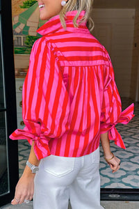 Thumbnail for Red Stripe Tie Puff Sleeve Womens Button Down Shirt