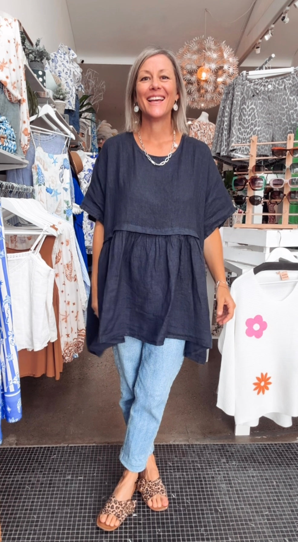 Geneva Linen Top - Navy
