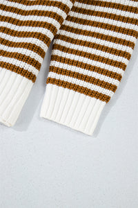 Thumbnail for Khaki Stripe Zip up Collar Drop Shoulder Sweater