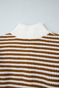 Thumbnail for Khaki Stripe Zip up Collar Drop Shoulder Sweater