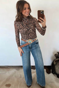 Thumbnail for Khaki Leopard High Neck Long Sleeve Western Slim Top