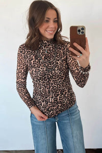Thumbnail for Khaki Leopard High Neck Long Sleeve Western Slim Top