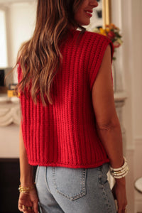 Thumbnail for Fiery Red Solid Textured Knit Side Pockets Buttoned Sweater Vest