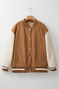 Thumbnail for Buckskin Corduroy Fleece Patchwork Buttoned Bomber Jacket