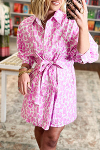 Thumbnail for Pink Abstract Leopard Print Tie Waist Puff Sleeve Mini Shirt Dress