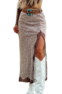 Thumbnail for Brown Cheetah Print Trim Split Long Western Skirt