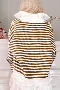 Thumbnail for Khaki Stripe Zip up Collar Drop Shoulder Sweater
