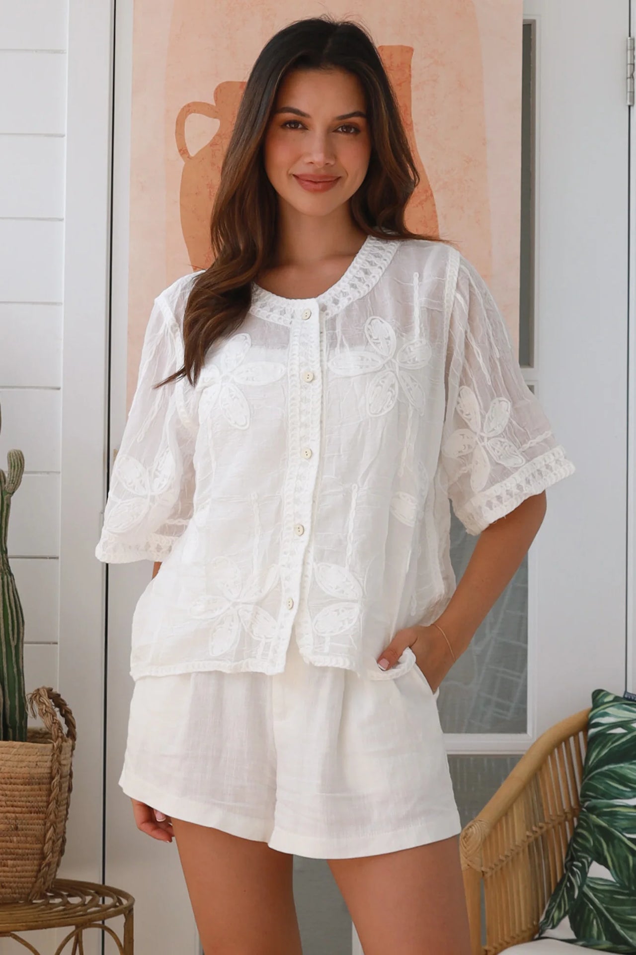 Lyndal Button Up Top - White Embroidery