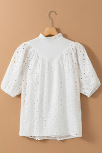 Thumbnail for White Flower Embroidered Hollow-out Puff Sleeve Blouse