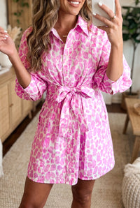 Thumbnail for Pink Abstract Leopard Print Tie Waist Puff Sleeve Mini Shirt Dress