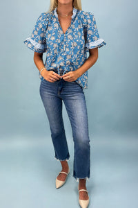 Thumbnail for Blue Floral Print Button Tie Neck Striped Detail Short Sleeve Blouse