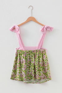 Thumbnail for Green Floral Printed Knot Straps Babydoll Tank Top