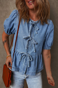 Thumbnail for Dusk Blue Tied Front Bubble Sleeve Peplum Denim Shirt