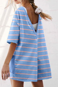 Thumbnail for Sky Blue Stripe V Neck Short Sleeve Double Wear Loose Romper