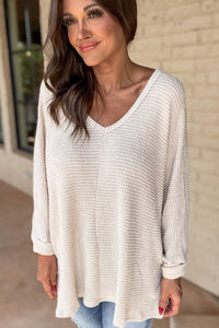 Thumbnail for White Waffle Knit Side Slits Loose Fit V Neck Top