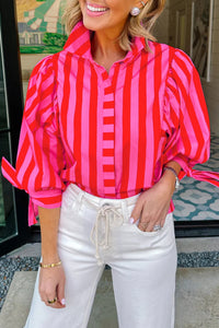 Thumbnail for Red Stripe Tie Puff Sleeve Womens Button Down Shirt