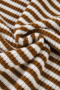 Thumbnail for Khaki Stripe Zip up Collar Drop Shoulder Sweater