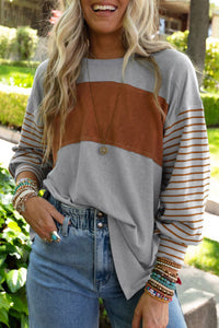 Thumbnail for Gray Colorblock Striped Bishop Sleeve Top