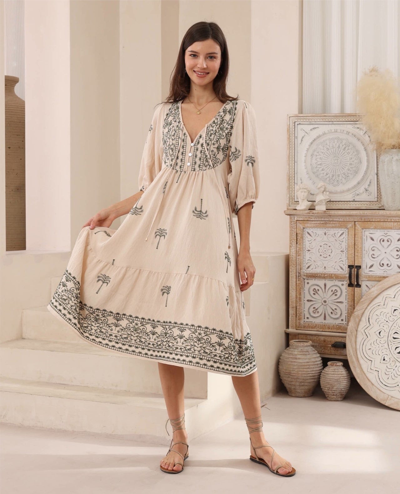 Gigi Midi Dress - Forest Palm Embroidery
