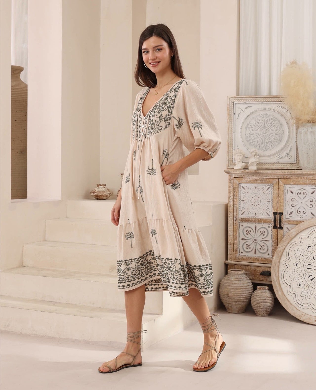 Gigi Midi Dress - Forest Palm Embroidery