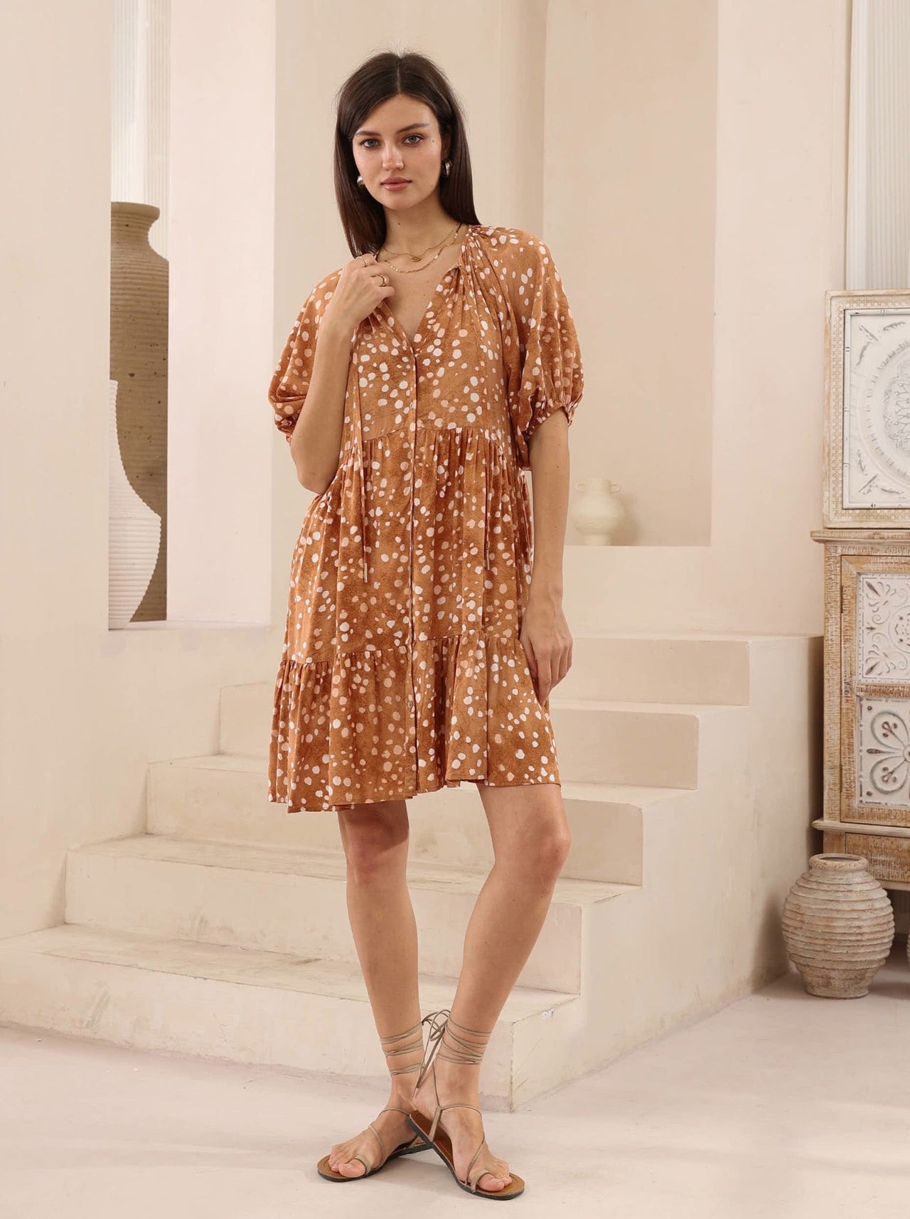 Gino Mini Dress -Tan spot