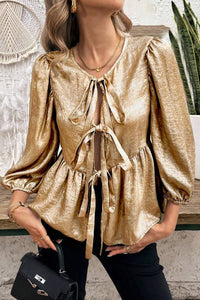 Thumbnail for Gold Bow Tie Front Puff 3/4 Sleeve Ruffle Hem Blouse