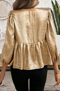 Thumbnail for Gold Bow Tie Front Puff 3/4 Sleeve Ruffle Hem Blouse