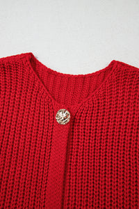 Thumbnail for Fiery Red Solid Textured Knit Side Pockets Buttoned Sweater Vest