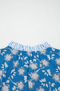 Thumbnail for Blue Floral Print Button Tie Neck Striped Detail Short Sleeve Blouse
