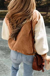Thumbnail for Buckskin Corduroy Fleece Patchwork Buttoned Bomber Jacket