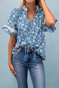 Thumbnail for Blue Floral Print Button Tie Neck Striped Detail Short Sleeve Blouse