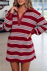 Thumbnail for Red Stripe Retro Polo Collar Long Sleeve T Shirt Shift Mini Dress