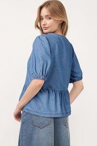 Thumbnail for Dusk Blue Tied Front Bubble Sleeve Peplum Denim Shirt