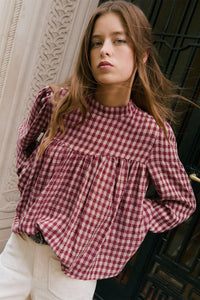 Thumbnail for Coral Country Plaid Long Sleeve Button Keyhole Pleated Loose Blouse