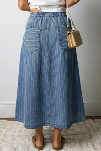 Thumbnail for Sky Blue Stripe Button Pintuck High Waist Drawstring Denim Midi Skirt
