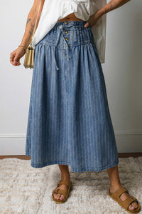 Thumbnail for Sky Blue Stripe Button Pintuck High Waist Drawstring Denim Midi Skirt