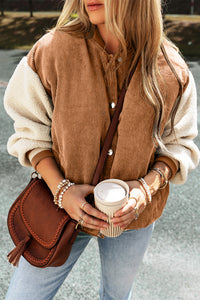Thumbnail for Buckskin Corduroy Fleece Patchwork Buttoned Bomber Jacket