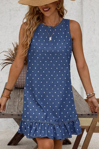 Thumbnail for Blue Polka Dot Ruffle Hem Sleeveless Denim Mini Dress