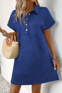 Thumbnail for Sky Blue Solid Color Textured Short Sleeve A Line Mini Dress